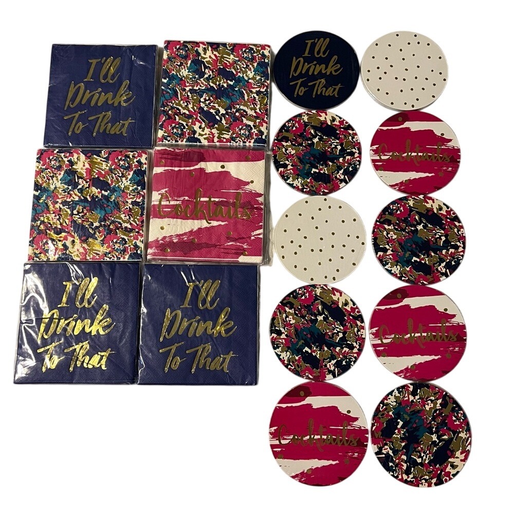 NWT Target Cocktail Napkins Coasters Set Blue Pink White Disposable Tableware‎